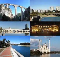 De cima para baixo e da esquerda para a direita: 1) Viaduto de Varda; 2) Çukurova, Adana; 3) Taşköprü; 4) Estação de Adana; 5) Dilberler Sekisi; 6) Sabancı Merkez Mesquita.