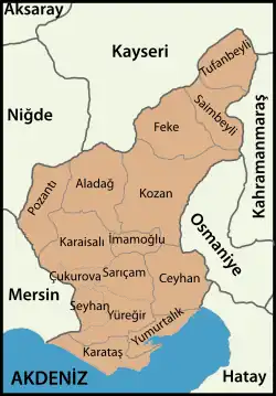 Mapa dos distritos da província de Adana