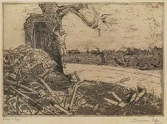 Portugal na Grande Guerra, uma sepultura portuguesa na terra de ninguém, c. 1918, água forte, 210 x 292 mm