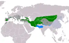 Legenda
* Verde: Área actual de reprodução.
* ? Verde: Possível reprodução.
* R Verde: Reintrodução em curso.
* Azul: Invernada; raro no tracejado (China).
* Cinza: Área anterior ao declínio (c.1800).
* ? Cinza: Área de reprodução anterior (incerta).