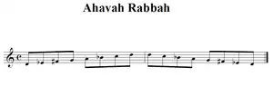 a visual representation of the Ahavah Rabbah scale D, EPredefinição:Music, FPredefinição:Music, G, A, BPredefinição:Music, C, D