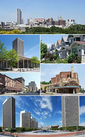 Do topo, em sentido horário: panorama de Albany a partir da cidade de Rensselaer, casas de classe média no bairro de Helderberg, Palace Theatre, Empire State Plaza a partir do Centro de Educação Cultural, norte da Pearl Street na Columbia Street e o State Quad na SUNY Albany