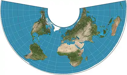 Mapa do mundo, paralelos padrões 20°N e 50°N.