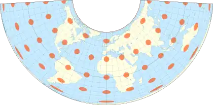 A projeção de Albers com indicadores visuais de deformação (indicatrix de Tissot), paralelos padrões 15°N e 45°N.