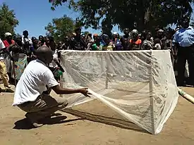 Reunião na comunidade do Dombe, promovida pela "Iniciativa do Presidente contra a Malária" (programa do governo dos Estados Unidos), em 2015, onde é apresentado e explicado sobre o uso de mosquiteiros de modo a evitar doenças tropicais.