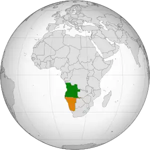 Mapa indicando localização de Angola e da Namíbia.