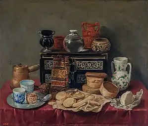 Móveis e cerâmicasStill Life with an Ebony Chest por Antonio de Pereda; c. 1652, 80 × 94&nbsp;cm, Museu Hermitage.