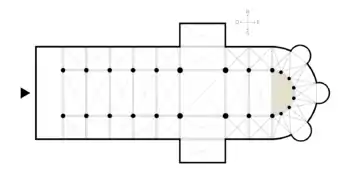 Representação esquemática da planta de uma catedral. A abside é a área sombreada.
