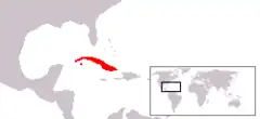 Área de ocorrência (em vermelho): ilha principal de Cuba e ilha da Juventude
