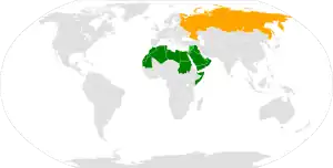 Mapa indicando localização {{{preposição1}}} Liga Árabe e {{{preposição2}}} Rússia.