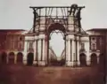 A construção do coroamento do Arco da Rua Augusta, c. 1855, fotografado por Wenceslau Cifka.