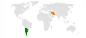 Mapa indicando localização da Argentina e do Irã.