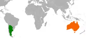 Mapa indicando localização da Argentina e da Austrália.