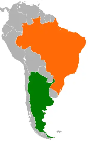 Mapa indicando localização da Argentina e do Brasil.