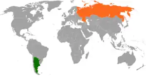 Mapa indicando localização da Argentina e da Rússia.