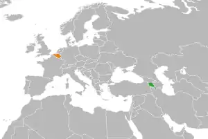 Mapa indicando localização da Armênia e da Bélgica.