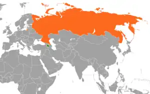 Mapa indicando localização da Armênia e da Rússia.