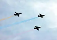 Um anel de aeronaves de ataque blindadas Su-25 de apoio direto de fogo da Força Aérea RA durante um desfile militar