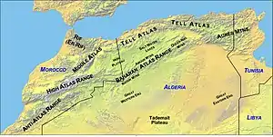 Mapa das cordilheiras montanhosas do Norte de África