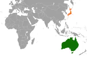 Mapa indicando localização do Austrália e do Japão.