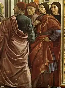 Expulsão de Joaquim do Templo (detalhe), Capela Tornabuoni, a contar da esquerda David Ghirlandaio, Tommaso Bigordi (o Alesso Baldovinetti), Domenico Ghirlandaio e Sebastiano Mainardi