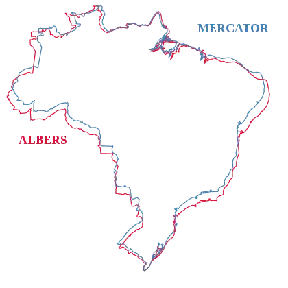 Comparando as projeções Albers e Mercator quando devidamente ajustadas ao território brasileiro. Não são tão diferentes, mas Albers garante medidas de área consistentes.