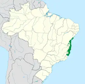Localização da ecorregião das Florestas Costeiras da Bahia segundo o WWF.