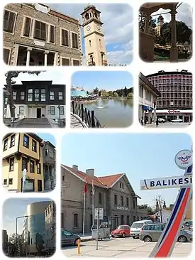 Da esquerda para a direita e de cima para baixo: 11) Torre do Relógio e o antigo Banco Ziraat (da Agricultura); 2) Torre do Relógio vista da fonte de uma mesquita; 3) Museu Kuvay-i Milliye (das Forças Nacionalistas); 4) Parque Atatürk; 5) Praça AHP, no centro de Baliquesir; 6) Casa típica otomana no centro da cidade; 7) Estação ferroviária de Baliquesir; 8) Edifício de escritórios Özmerkez, no centro da cidade