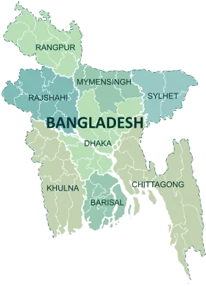 Um mapa clicável do Bangladesh exibindo suas divisões.
