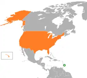 Mapa indicando localização de Barbados e dos Estados Unidos.