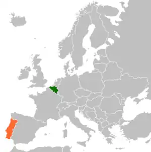 Mapa indicando localização da Portugal e do Bélgica.