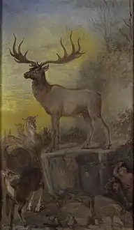 Alces irlandeses e caçador do Paleolítico, em 1894