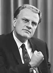 A black-and-white image of Billy Graham.
