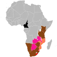 Distribuição atual. &nbsp;&nbsp;Nativo &nbsp;&nbsp;Reintroduzido &nbsp;&nbsp;Introduzido &nbsp;&nbsp;Possivelmente extinto &nbsp;&nbsp;Extinto