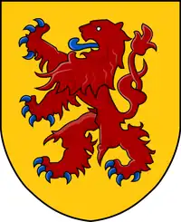 Brasão de armas dos reis hetúmidas: esmalte com um leão em gules, armado, em destaque e coroado em azure