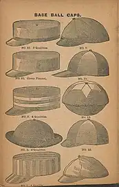ilustração de diversos tipos de boné que eram usados pelos primeiros times de baseball da história.
