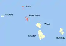 Localização da comuna de Bora-Bora (a vermelho) nas ilhas de Sotavento.