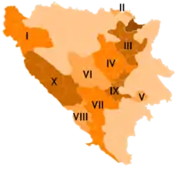Mapa mostrando cantões ou Municípios da Federação da Bósnia-Herzegovina.