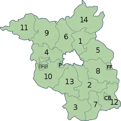 Mapa de Brandemburgo mostrando os distritos