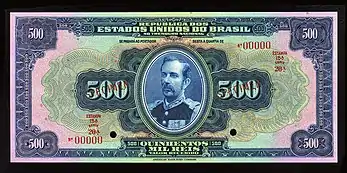 Nota de 500 mil réis (1931) com a efígie do marechal Floriano Peixoto.