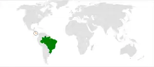 Mapa indicando localização de Brasil e do Costa Rica.