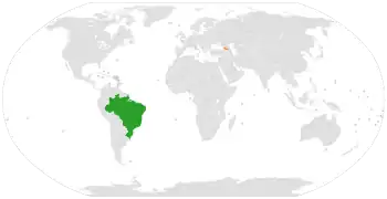 Mapa indicando localização do Brasil e da Geórgia.