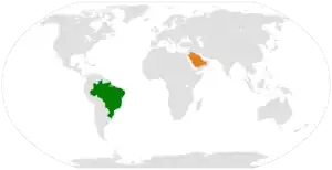 Mapa indicando localização do Brasil e da Arábia Saudita.
