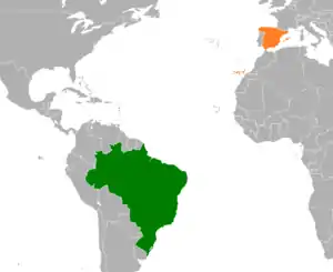 Mapa indicando localização do Brasil e da Espanha.