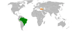 Mapa indicando localização do Brasil e da Turquia.