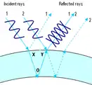 Este caso é semelhante ao diagrama anterior, exceto a longitude de onda que é diferente. Desta vez XOY não é um múltiplo da longitude de onda, portanto, o raios 1 e 2 chegam a Y desfasados. Os vales do raio 1 se alinham com as cristas do raio 2, e os dois raios anulam-se mutuamente. O efeito global é que, para esta espessura de bolha, não se refletirá a luz azul.