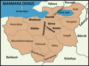 Mapa dos distritos da província de Bursa