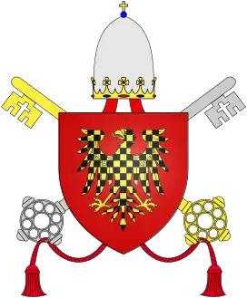 Brasão de Inocêncio com os elementos heráldicos completos dos papas (tiara papal e chaves de São Pedro), atribuída ao pontífice posteriormente.