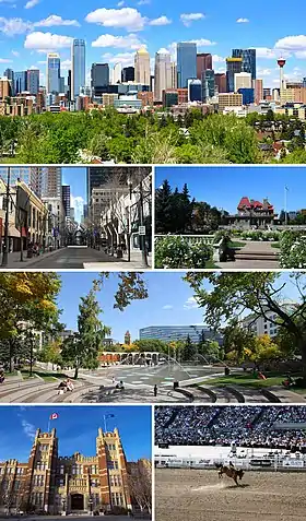De cima, da esquerda para a direita: o Centro de Calgary, Lougheed House, Avenida Stephen, Olympic Plaza, Instituto de Tecnologia do Sul de Alberta, Calgary Stampede.