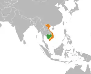 Mapa indicando localização do Camboja e do Vietnã.